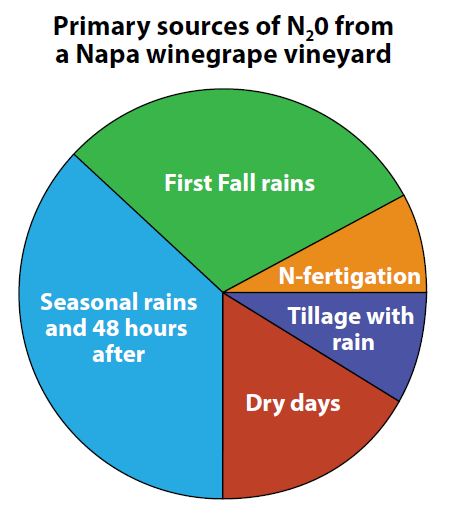 Figure 8: Proportional sources of N2O emissions from the vineyard’s soil, averaged across tractor rows and drip zones in 2009–10. “Seasonal Rains and 48 hours after” include all rain events and the following two days, from the period after the first fall rainstorm and before the year’s final rain event, which occurred after spring tillage. Although N-fertigation at 7.5–15 lbs/acre accounted for a small fraction of yearly N2O emissions, vineyards with higher application of N may benefit in future from more sophisticated N-fertigation practices, such as micro-sprinklers, or improved management of N-pulses and N-concentrations in fertigation.