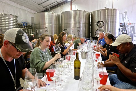 Visiting sommeliers and Lodi winemakers taking notes and carefully tasting white wines at Bokisch Vineyards.