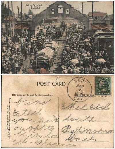 Picture postcard (mailed out in 1909) depicting the nearly mile-long procession of grape growers entering the city beneath the Lodi Arch on the first day of the 1907 Tokay Carnival.
