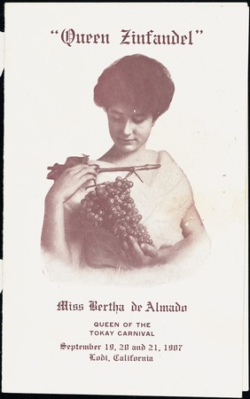 1907 poscard celebrating Bertha de Almado, the 1907 Tokay Carnival's "Queen Zinfandel," holding a signature cluster of Flame Tokay.