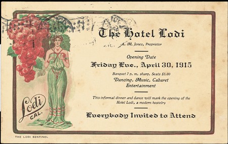1915 postcard invitation to the Grand Opening of Hotel Lodi.