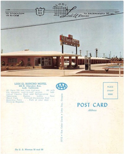 One of several postcards printed by Lodi's El Rancho Motel during the 1950s, located on N. Cherokee Ave. parallel to Hwy. 99, during a time when the state route was the only way to get through California's Central Valley.