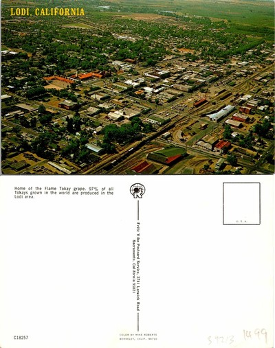 1960s aerial shot of the City of Lodi, "Home of the Flame Tokay grape."