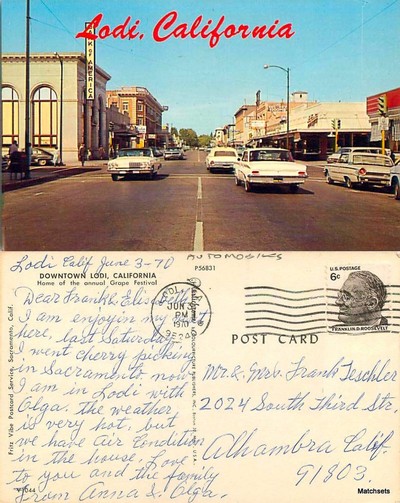 Postmarked 1970, a greeting from Downtown Lodi's W. Pine St..