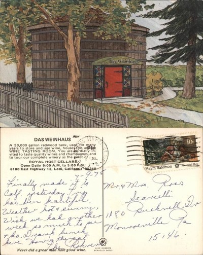 1975 postcard for Royal Host Cellars' tasting room, built from a 50,000-gallon California redwood tank once utilized as Tank No. 150 by the old Roma Winery once located across the street (the tank was moved in 1965).