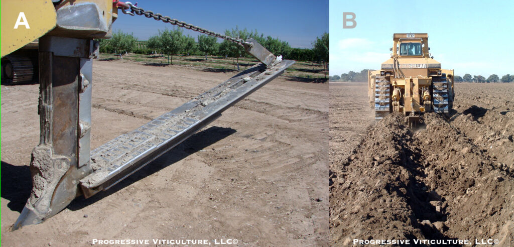 Fig. 3. (A) The inclined ramp behind the shank of a slip plow and (B) a slip plow making track-on-track passes prior to vineyard planting. (Photo Source: Progressive Viticulture, LLC©)