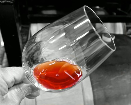 The transparent brick-ruby color of Anaya Vineyards Nebbiolo drawn from the barrel.