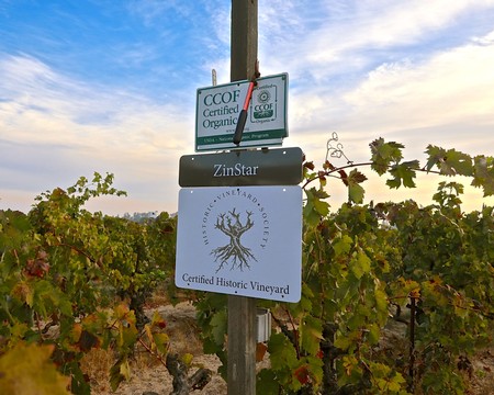 Certified Historic Vineyard sign in Mokelumne River-Lodi's ZinStar Vineyard, farmed both organically and sustainably.