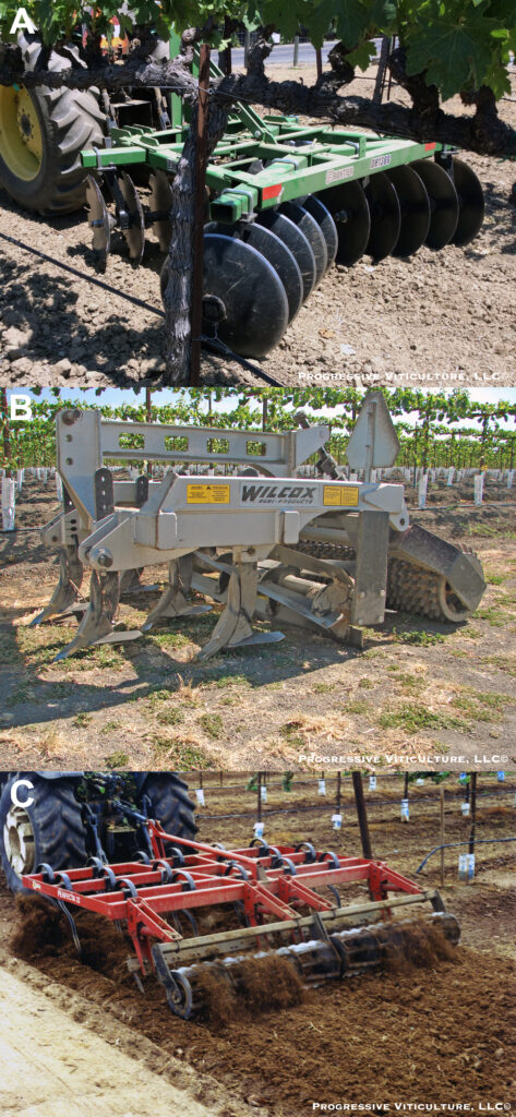 Figure 5. Examples of vineyard tillage equipment include a tandem disk (A), a combination rigid tine cultivator with sweeps, crumbler, and ring roller (B) and a spring tine cultivator with roller preparing a seed bed for a cover crop (C). (Photo Source: Progressive Viticulture, LLC©) 