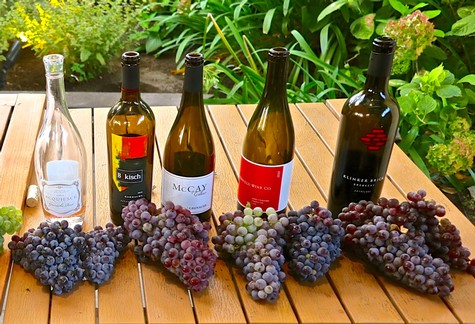 Cluster samples of Grenache—a cultivar native to the Mediterranean Basin, thus naturally suited to Lodi's Mediterranean climate—along with bottlings of Lodi-grown wines made from this grape.