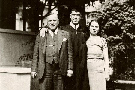 1937 photograph of Robert Mondavi (center) with his parents, Cesare and Rosa Mondavi, celebrating Robert's graduation from Stanford University. Cesare and Rosa lived in their W. Pine St., Lodi home until their passing in 1959 and 1976. UC Davis Library.