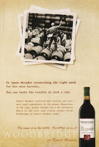 2009 Ad for Woodbridge by Robert Mondavi Winery Cabernet Sauvignon with vintage photo of Robert Mondavi exhorting his grape growers.