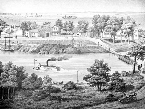 1800s illustration of Benson's Ferry (on right) which opened up a pathway over the Mokelumne River between Sacramento and Stockton, giving rise to the community of Thornton. Thompson & West's History of San Joaquin County.